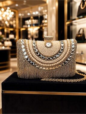 Gold Pearl & Crystal Fringe Evening Clutch with Chain